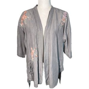 Billy T Gray Chambray Floral Kimono Embroidered Boho Jacket Size Large